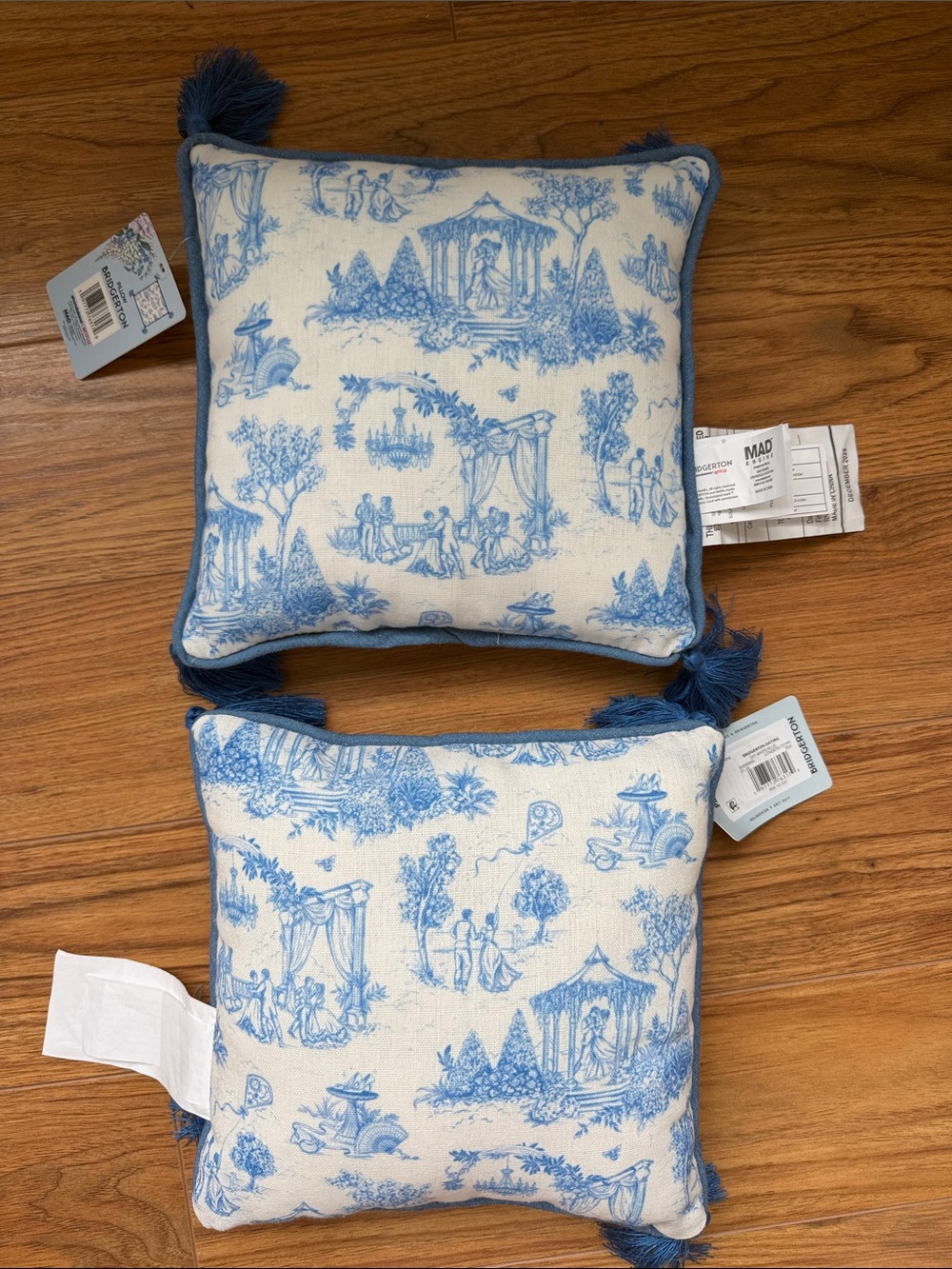 Set of 2 Blue and White Toile Throw Pillows with Tassels